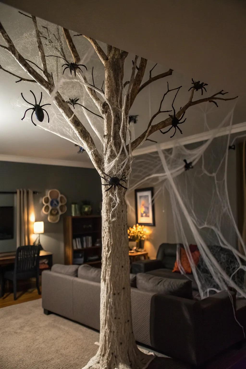 Halloween tree wrapped in spider webs and plastic spiders.