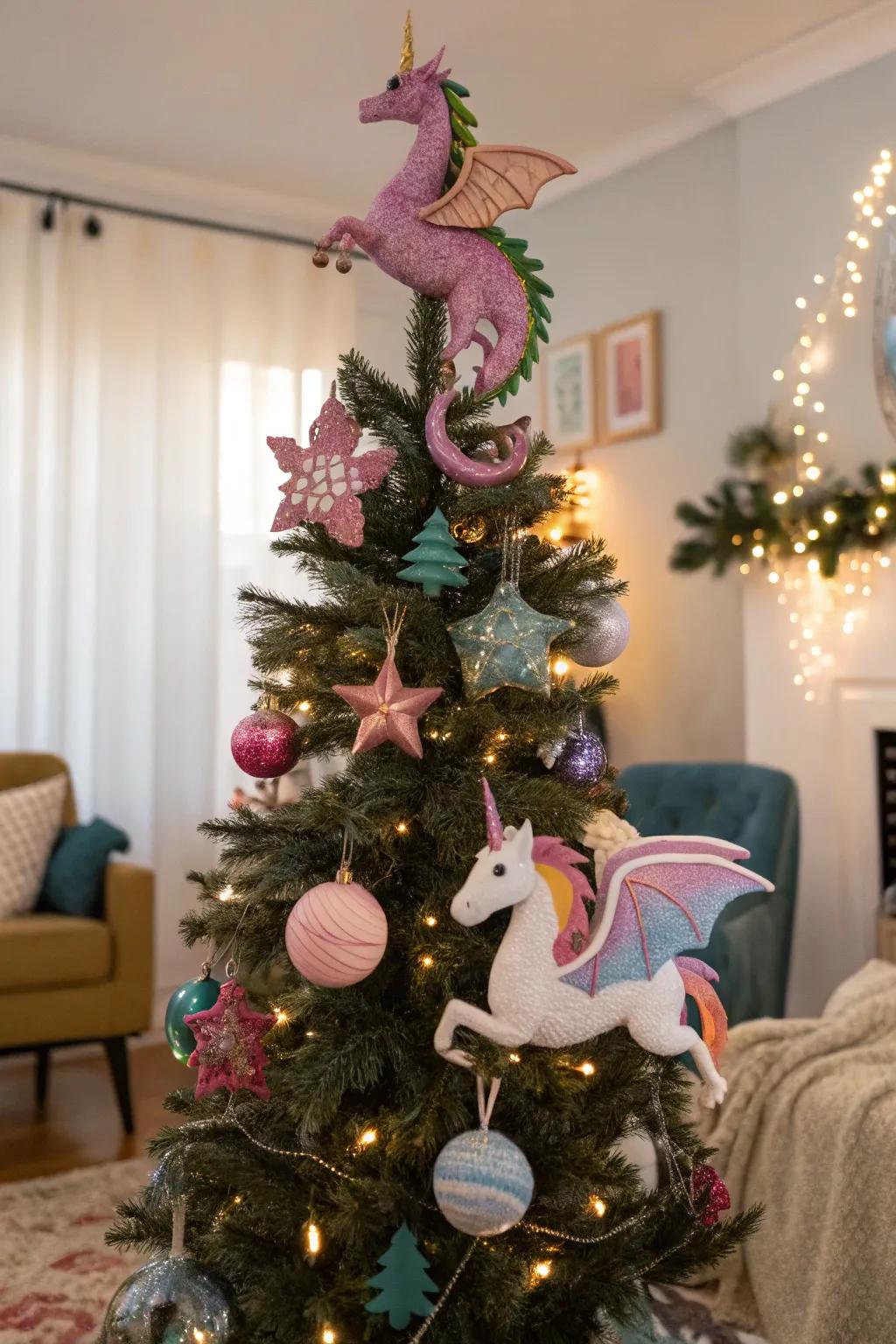 Halloween tree decorated with mythical creatures like dragons and unicorns.