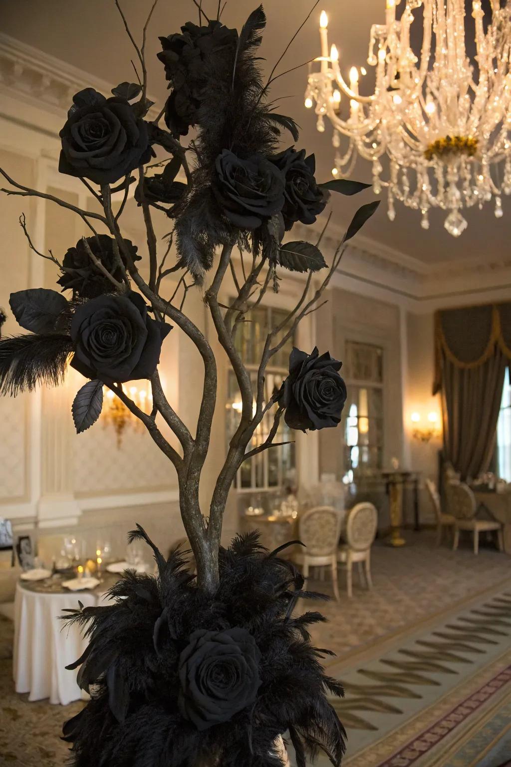 Halloween tree styled with gothic black roses and feathers.