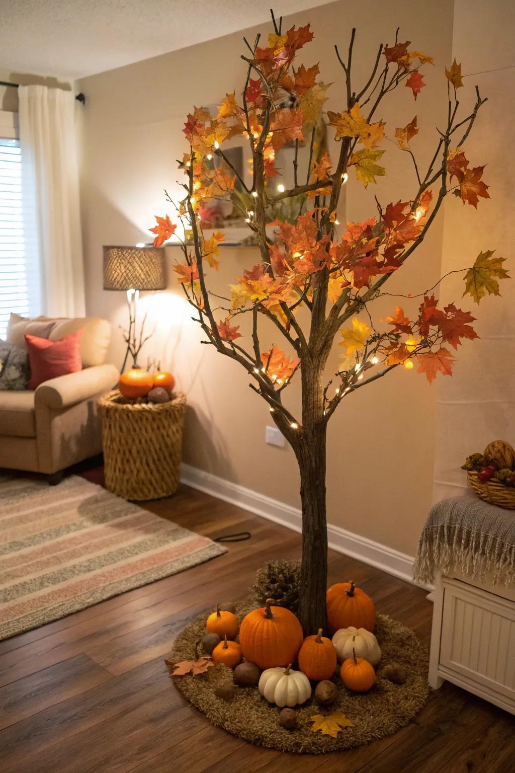 Halloween tree decorated with fall leaves and miniature pumpkins.