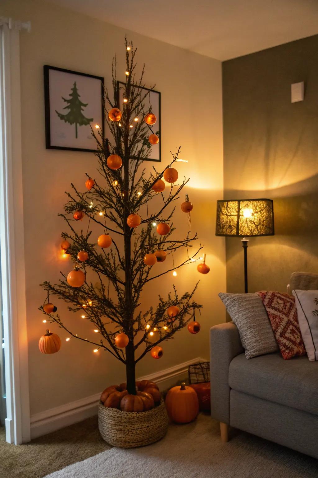 Halloween tree illuminated with small pumpkins and warm amber lights.