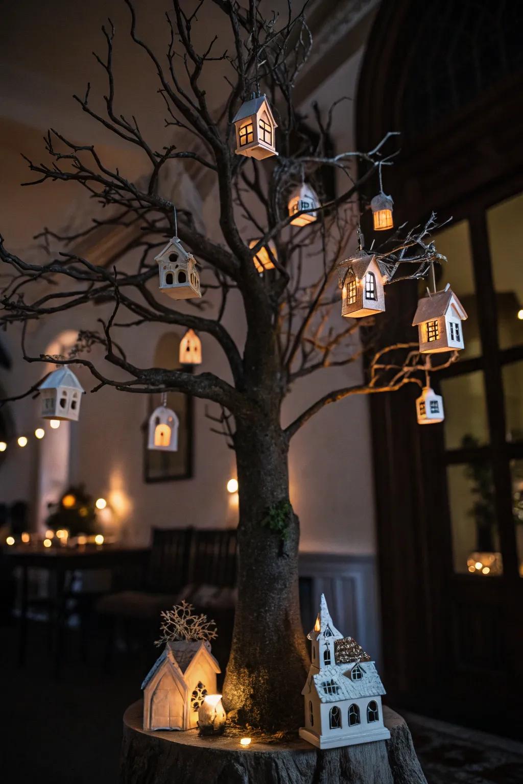 Halloween tree decorated with miniature haunted house ornaments.