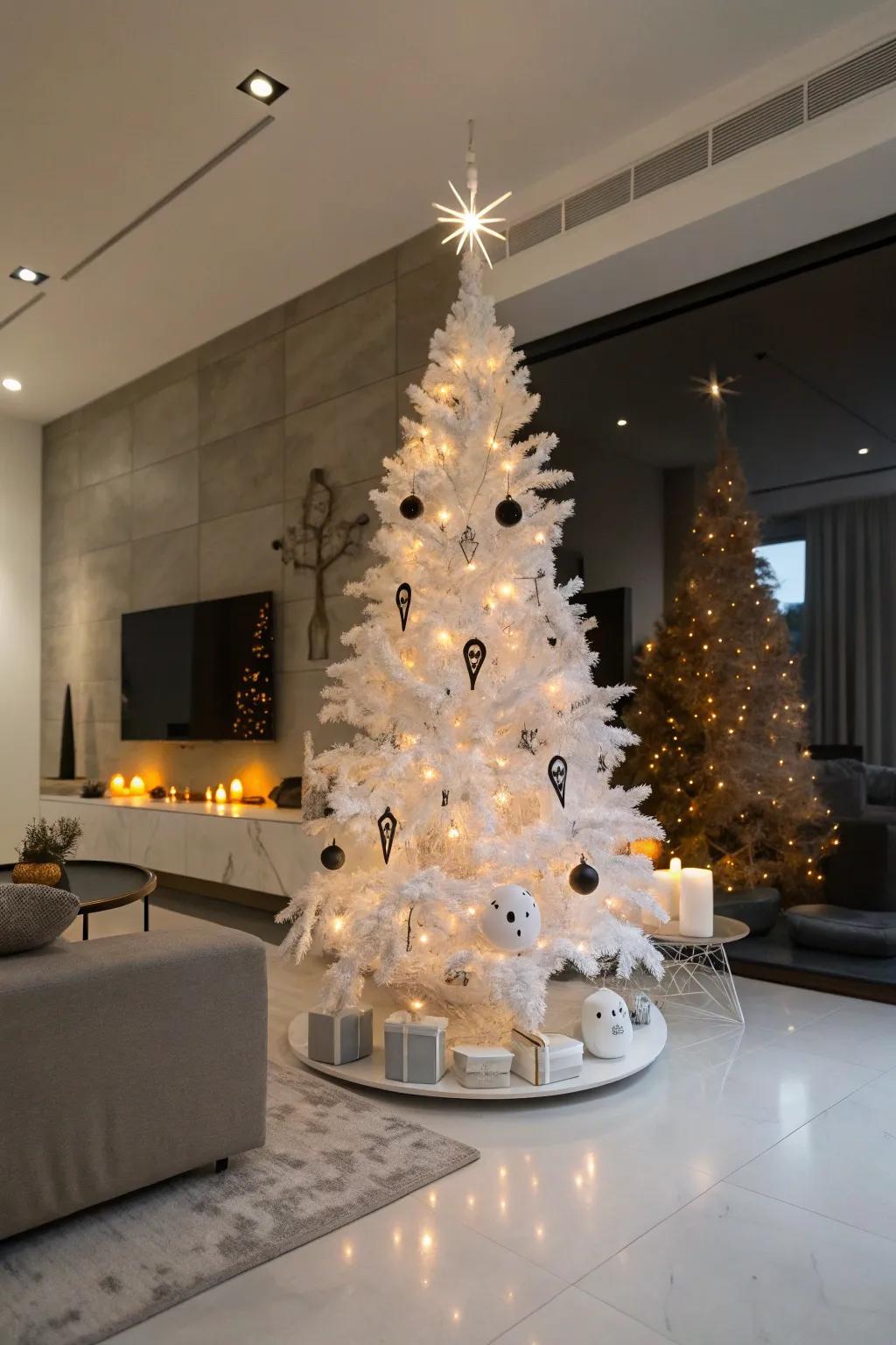Elegant white Halloween tree with ghostly ornaments and white lights.