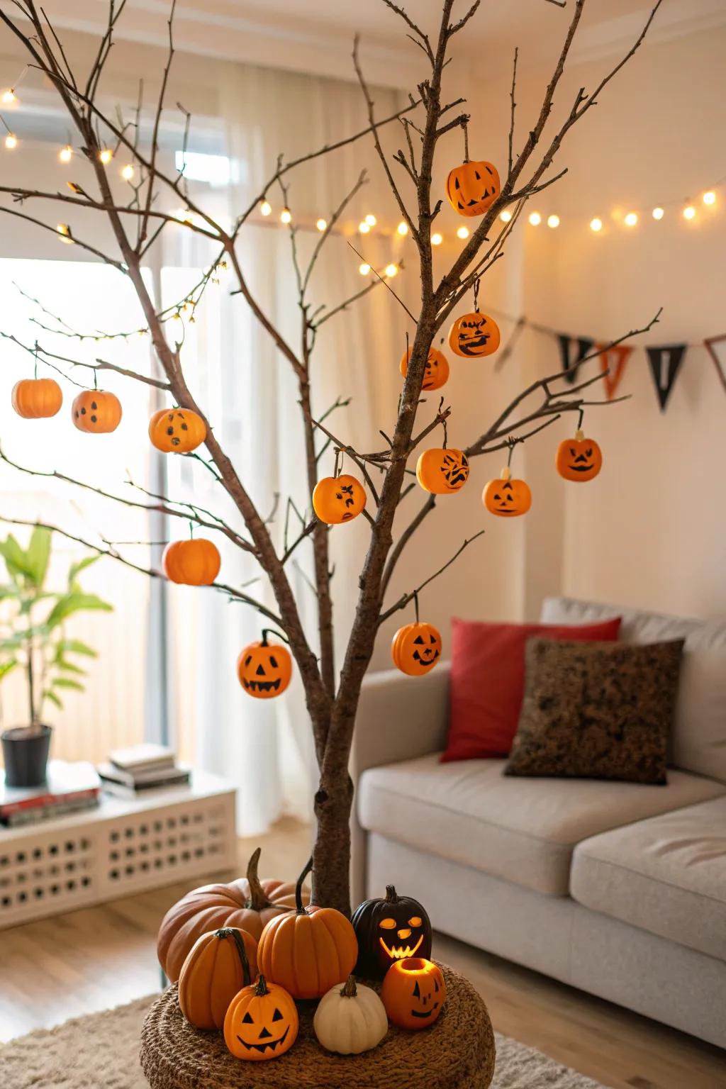 Cheerful Halloween tree decorated with miniature jack-o’-lanterns.