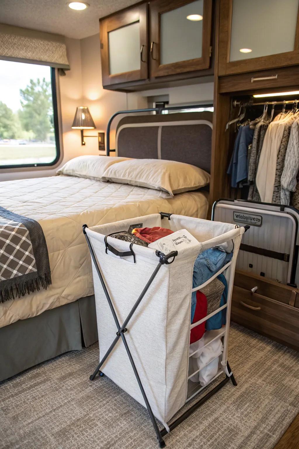 A conveniently stowed collapsible hamper beneath an RV bed.