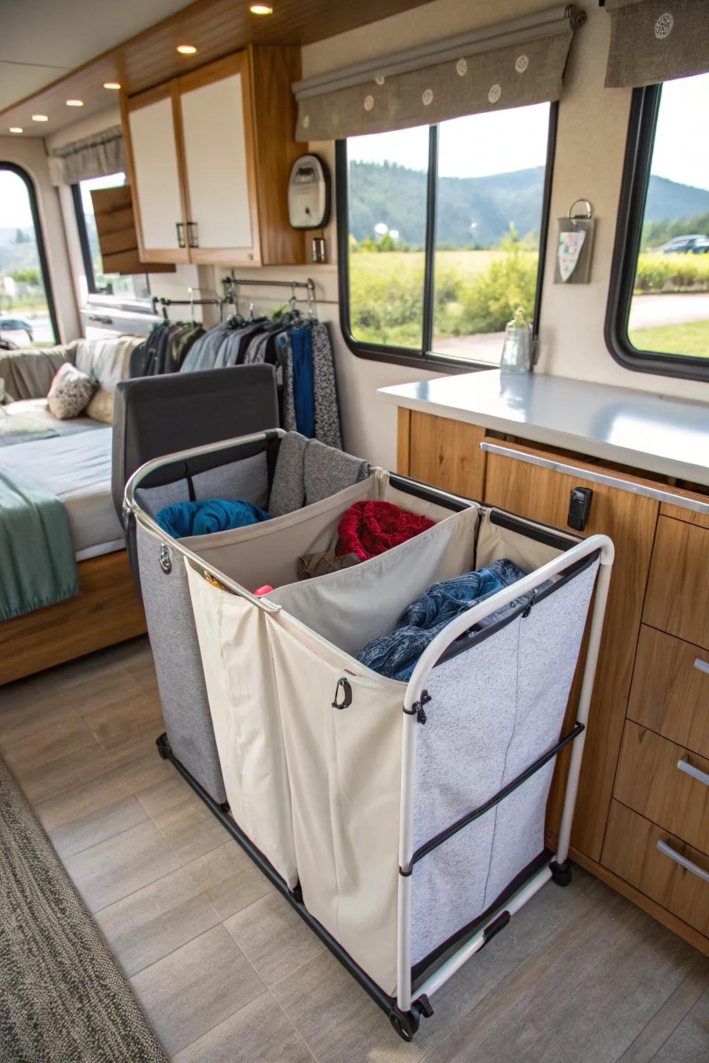 A multi-section hamper for easy clothes sorting in an RV.