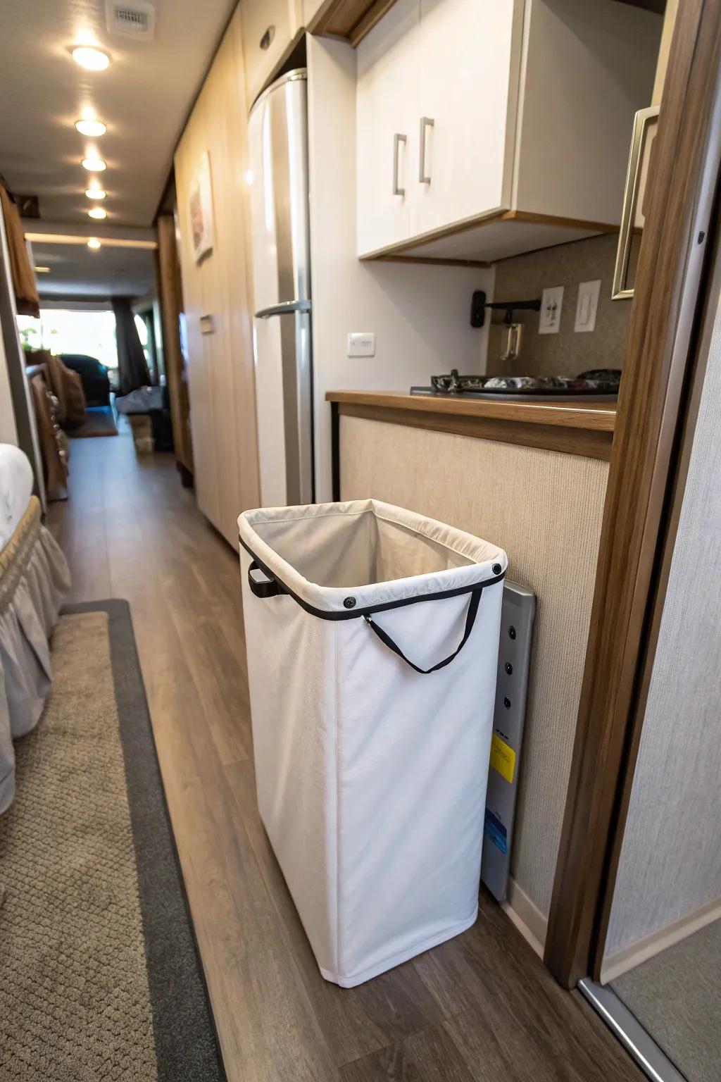 A slimline hamper fitting perfectly in a narrow RV passageway.