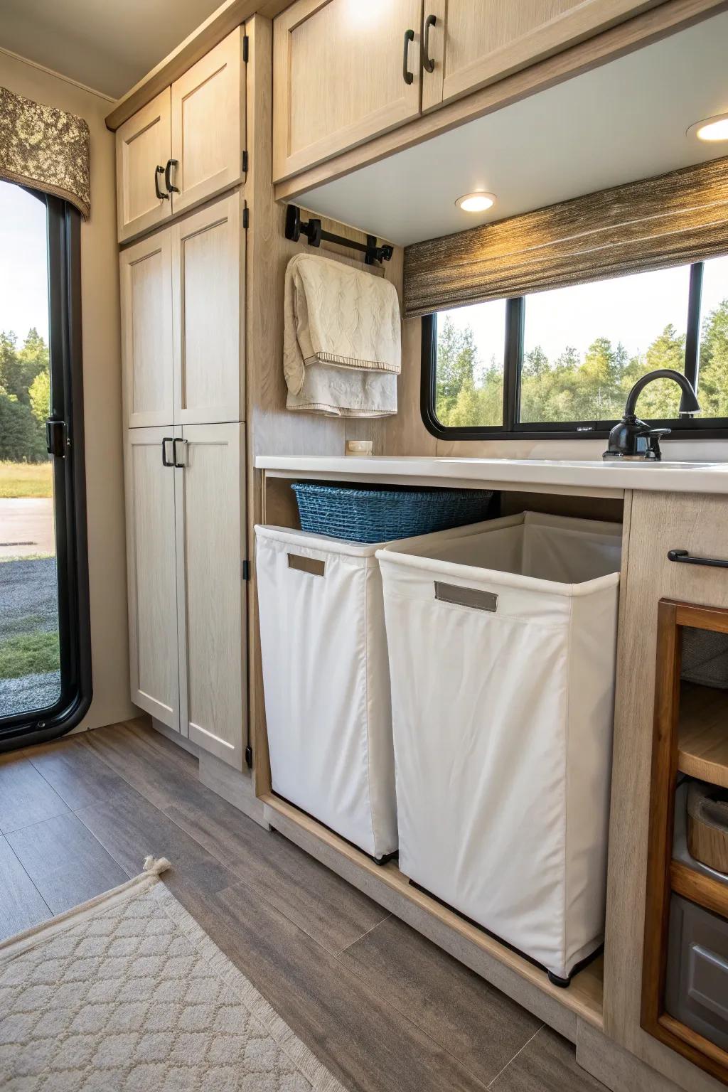 A custom cabinet perfectly made for a clothes hamper in an RV.