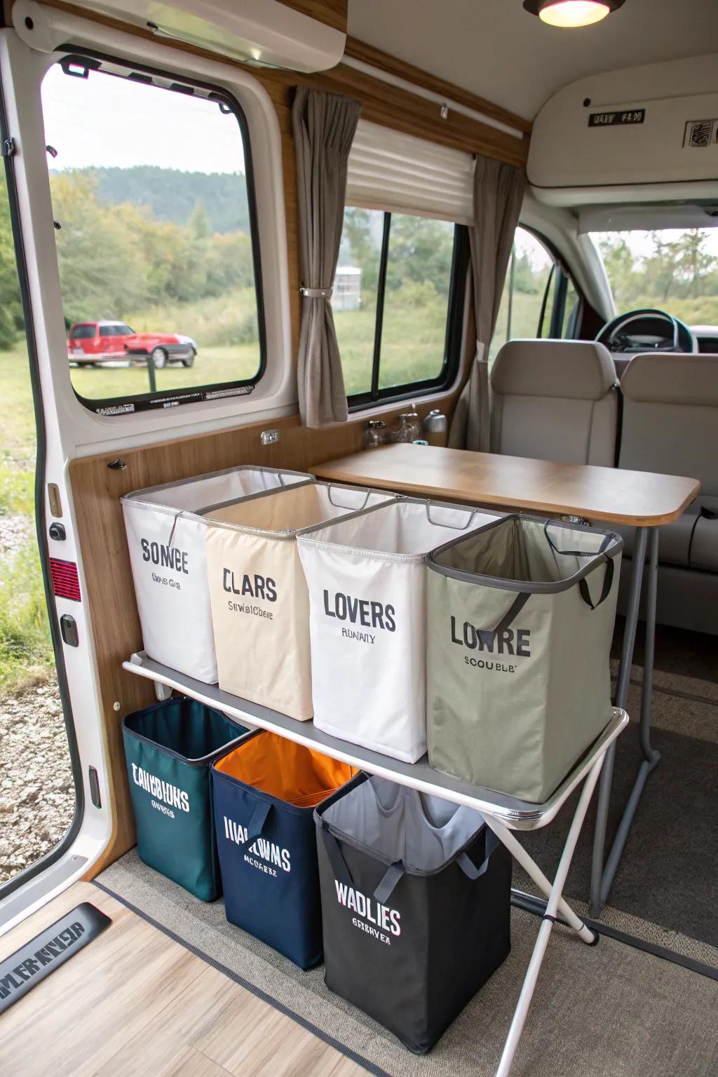 Color-coded hampers making clothes sorting a breeze in an RV.