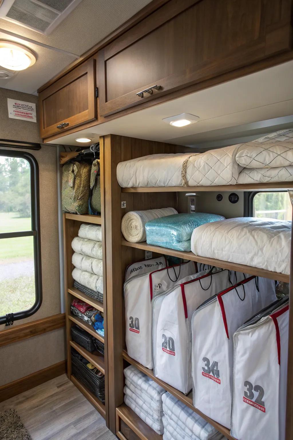 Compression bags used for space-saving clothes storage in an RV.