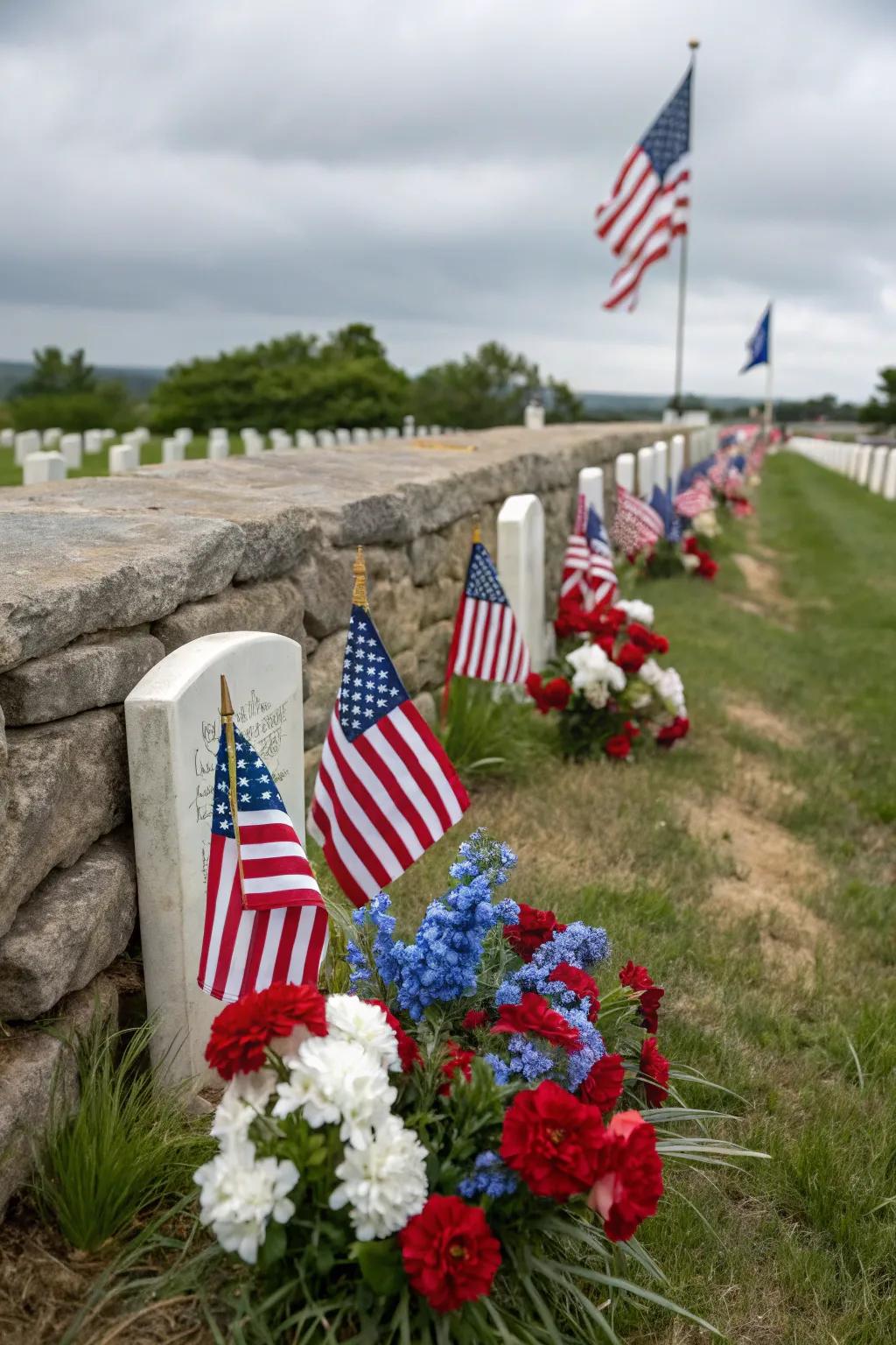 Patriotic decorations with flags and themed flowers.