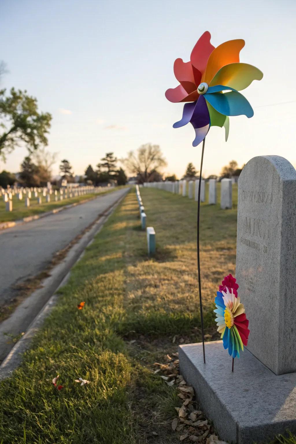 Colorful wind spinner adding joy to the memorial.
