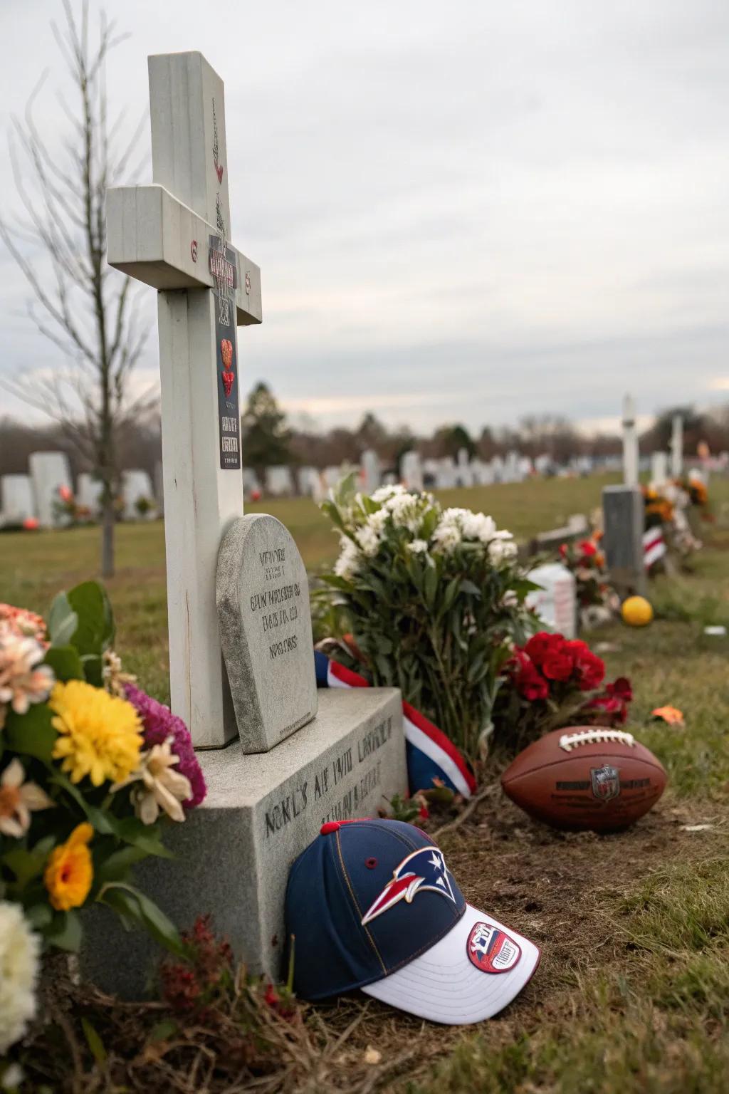 Memorial adorned with sports memorabilia.