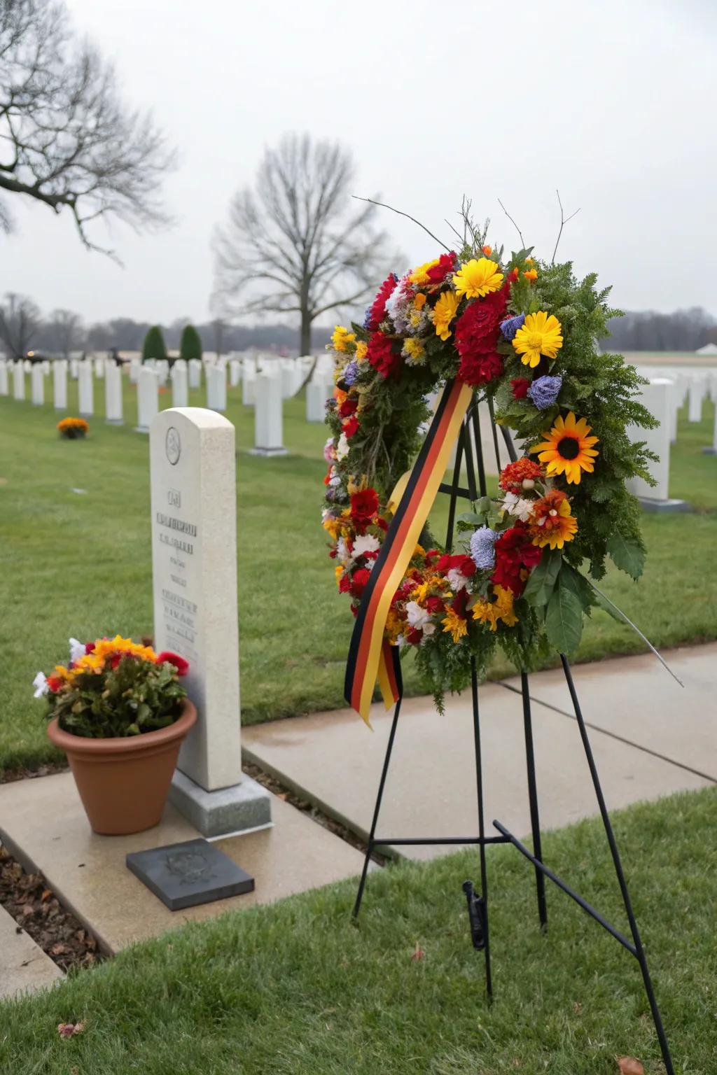Vibrant memorial wreath enhancing the gravesite.