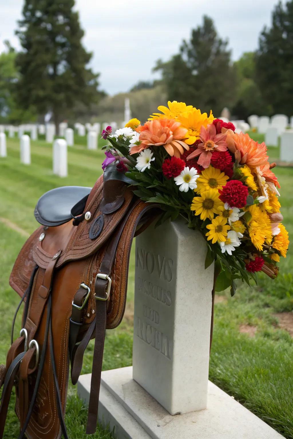 Floral headstone mount displaying vibrant flowers.