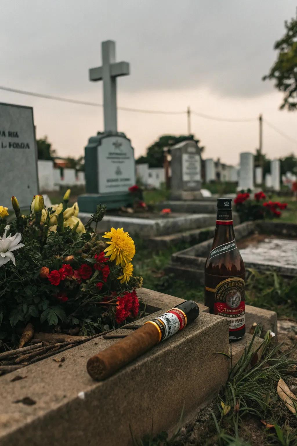 Memorial featuring a favorite cigar and drink.