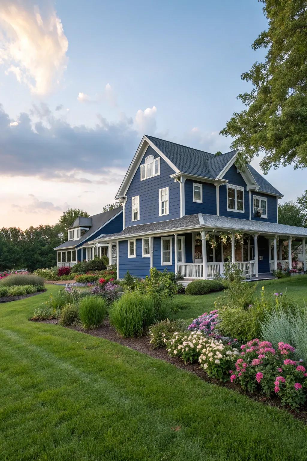 A navy-coated farmhouse exterior that embodies both boldness and tradition.