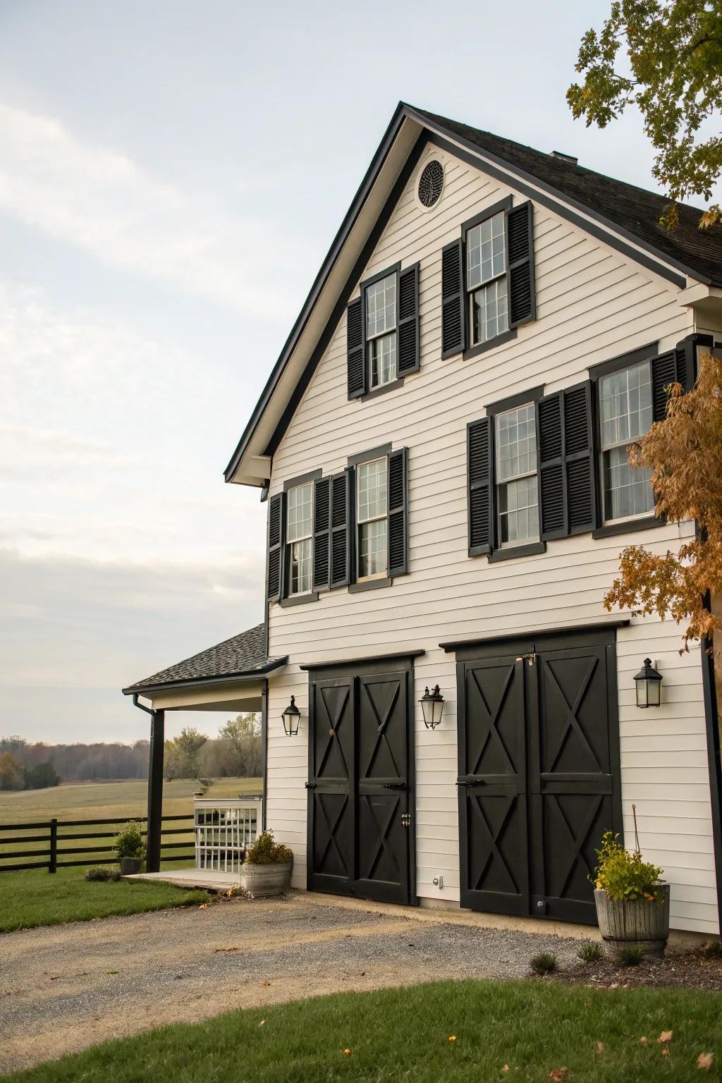 Prominent black features lend sophistication to this farmhouse design.