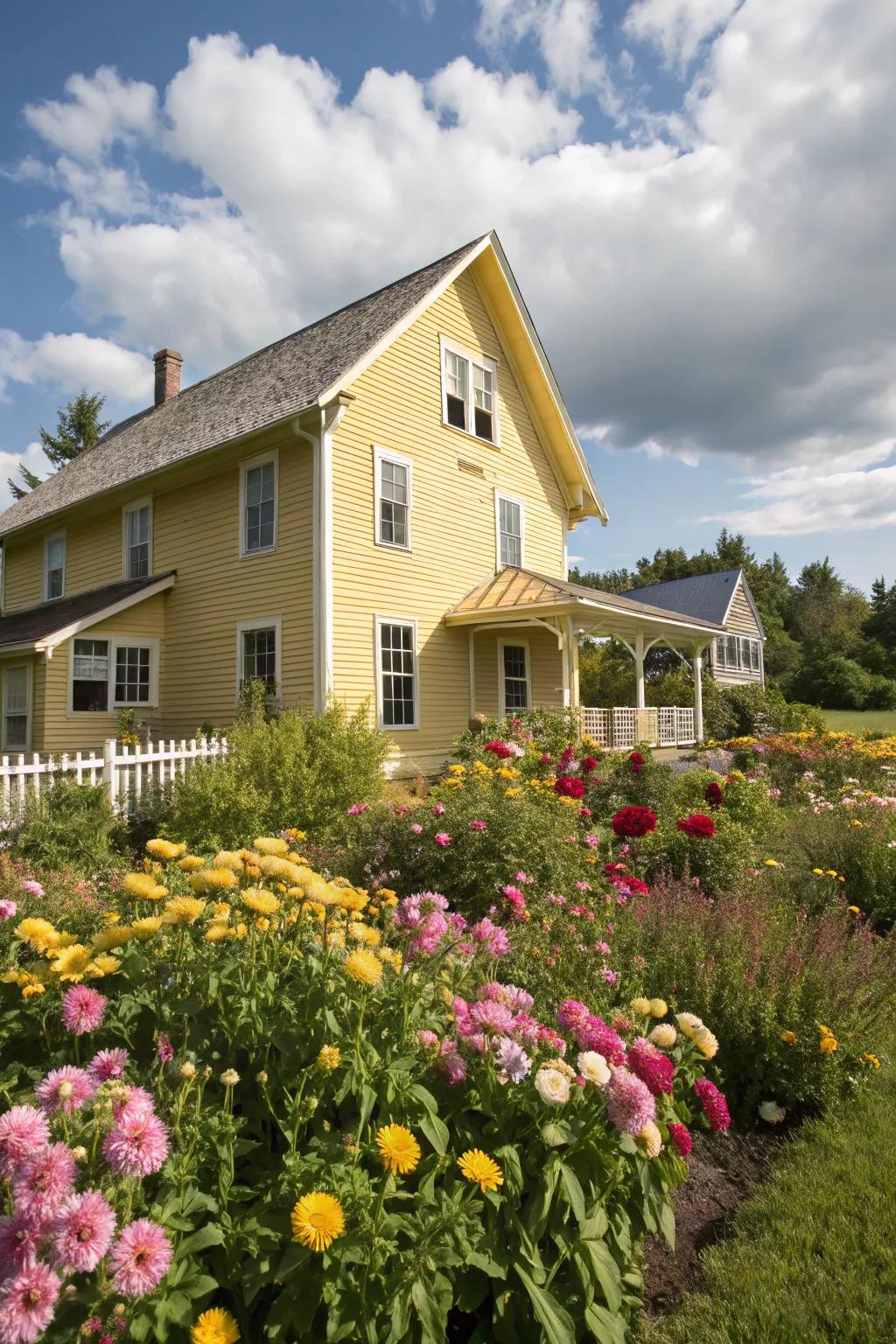 A sunny yellow farmhouse radiates warmth and cheerfulness.