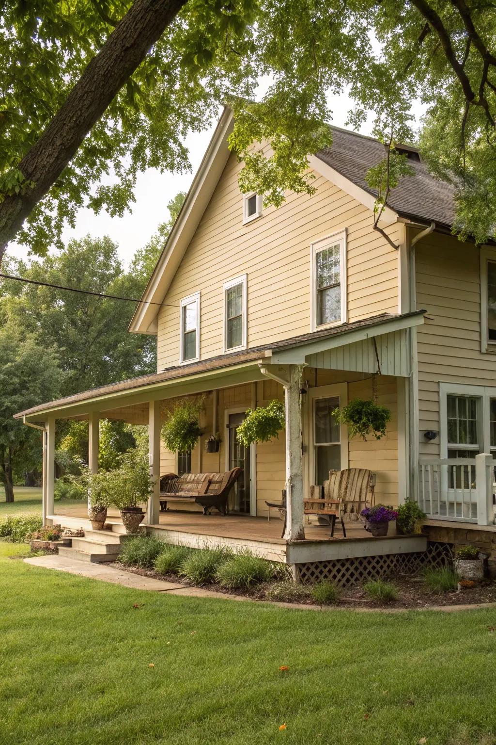 Inviting beige hues impart a timeless charm to this farmhouse.