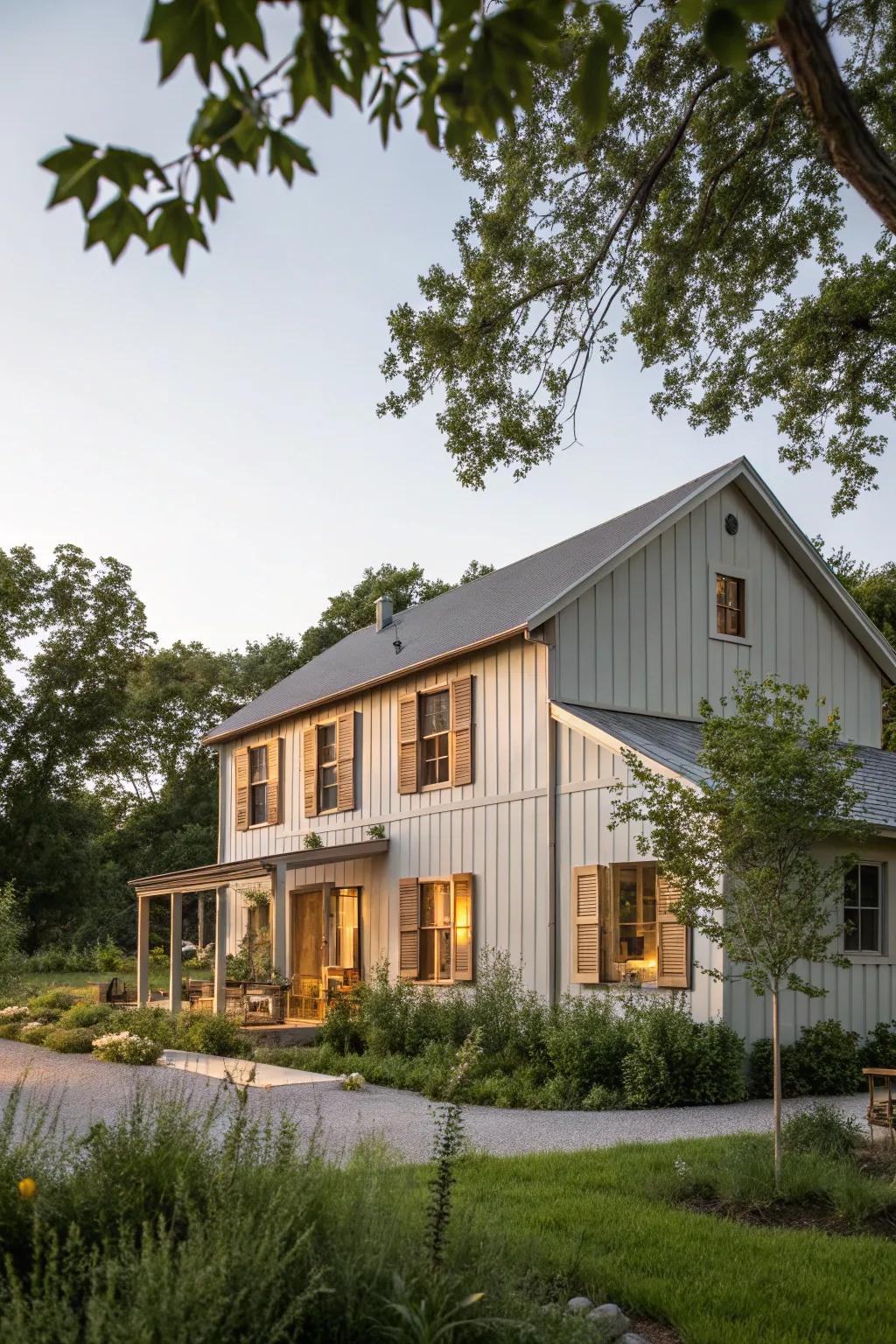 A modern farmhouse rendered in calming grays complemented by wooden elements.