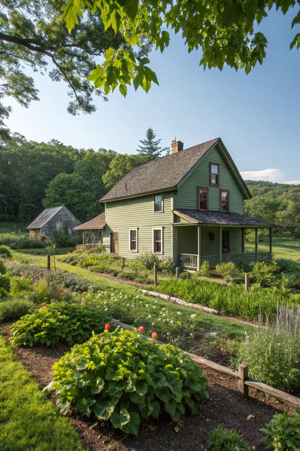 An earth-toned green farmhouse blending seamlessly with its natural setting.