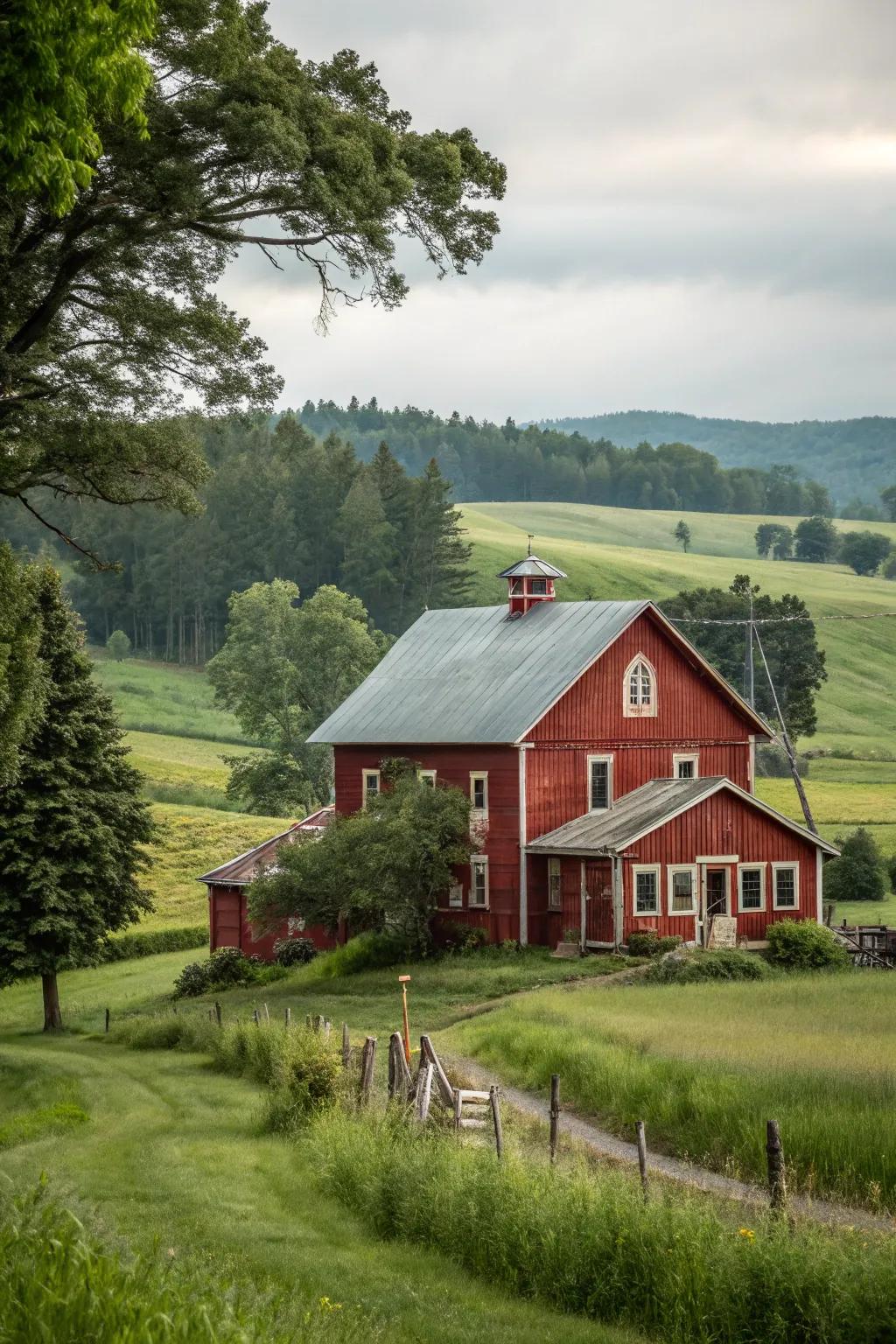 A rustic red farmhouse capturing traditional elegance.