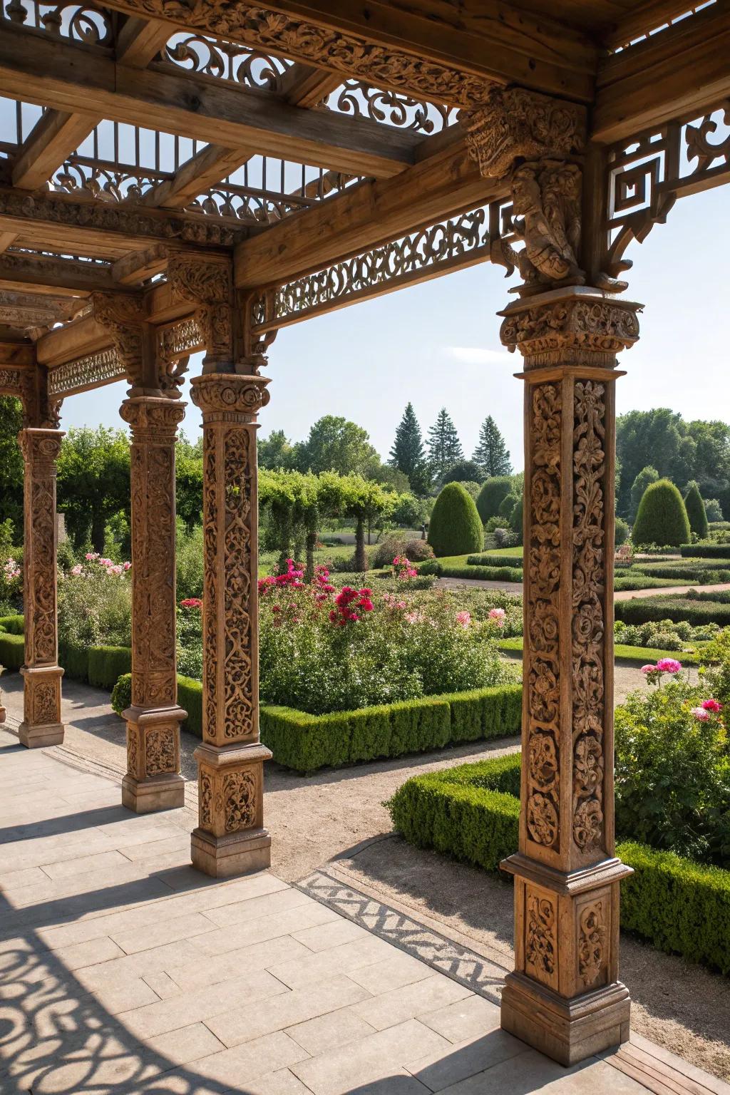 Wood carvings transform posts into artistic masterpieces.