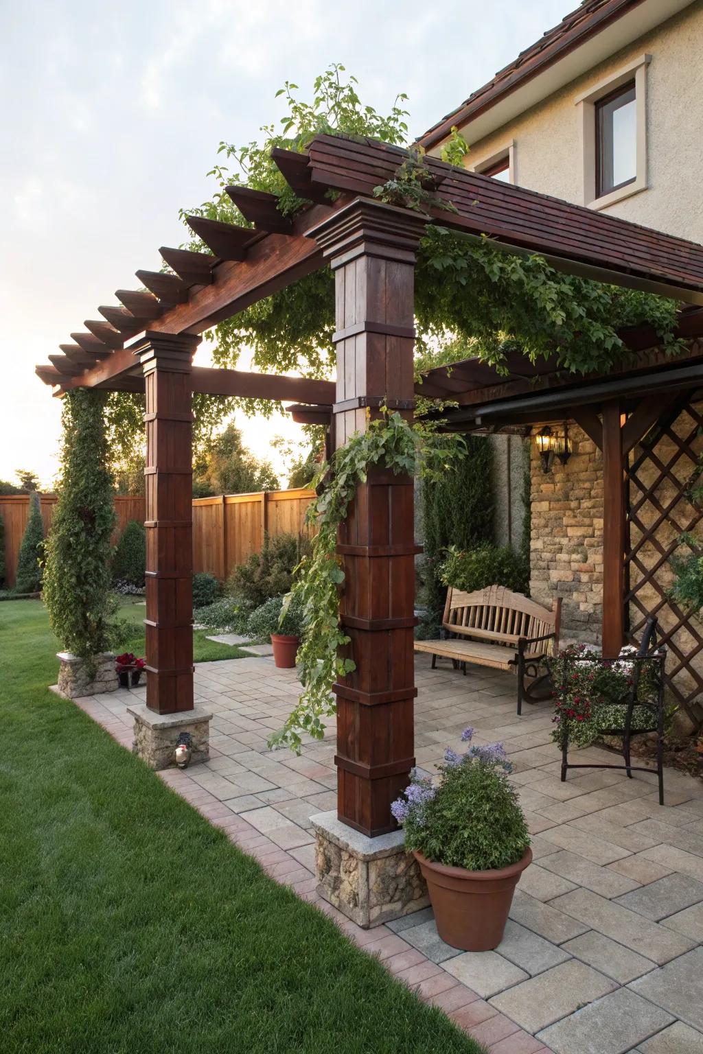 Wood cladding adds timeless warmth to pergola posts.