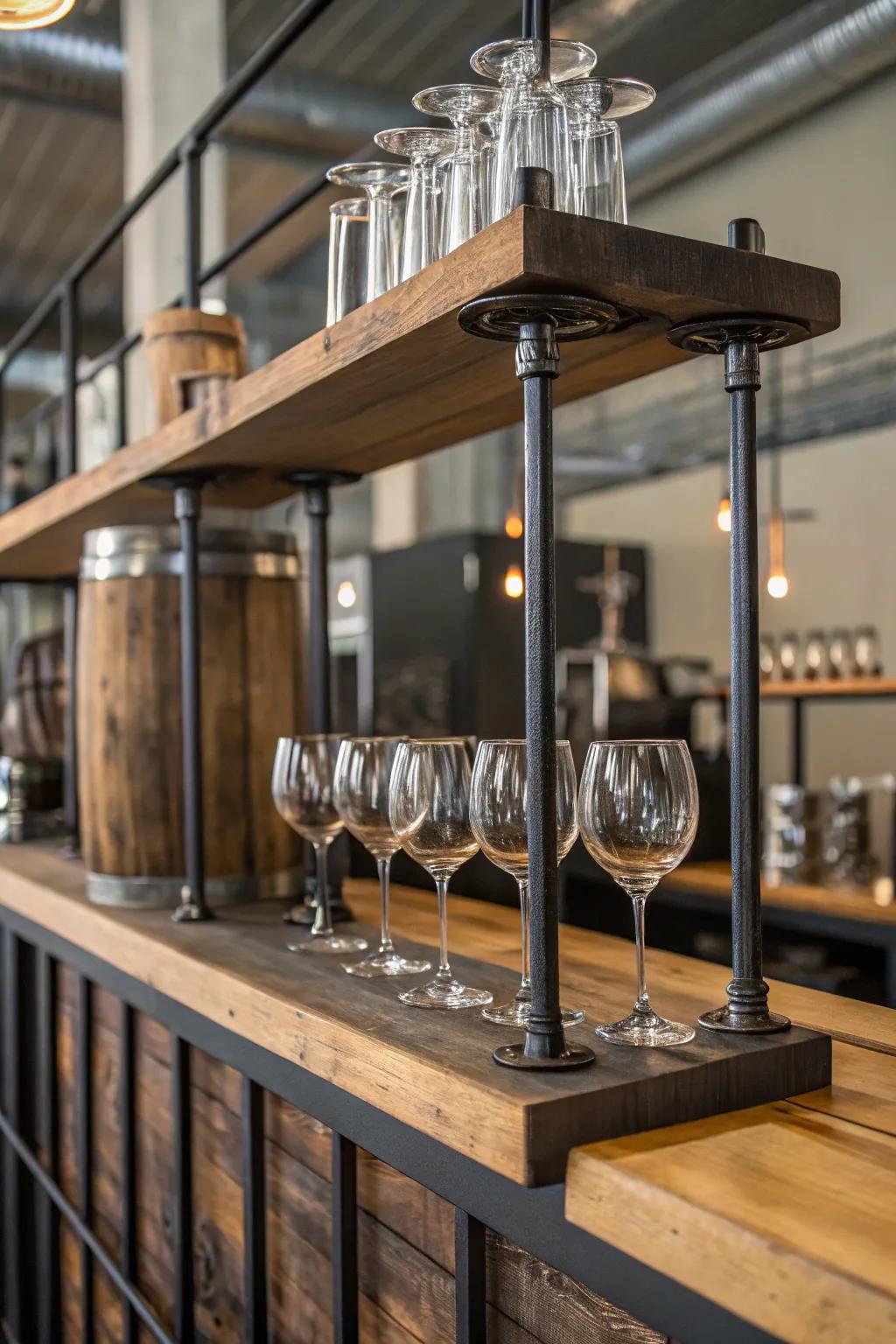 Industrial-style wine glass display featuring metal and wood.