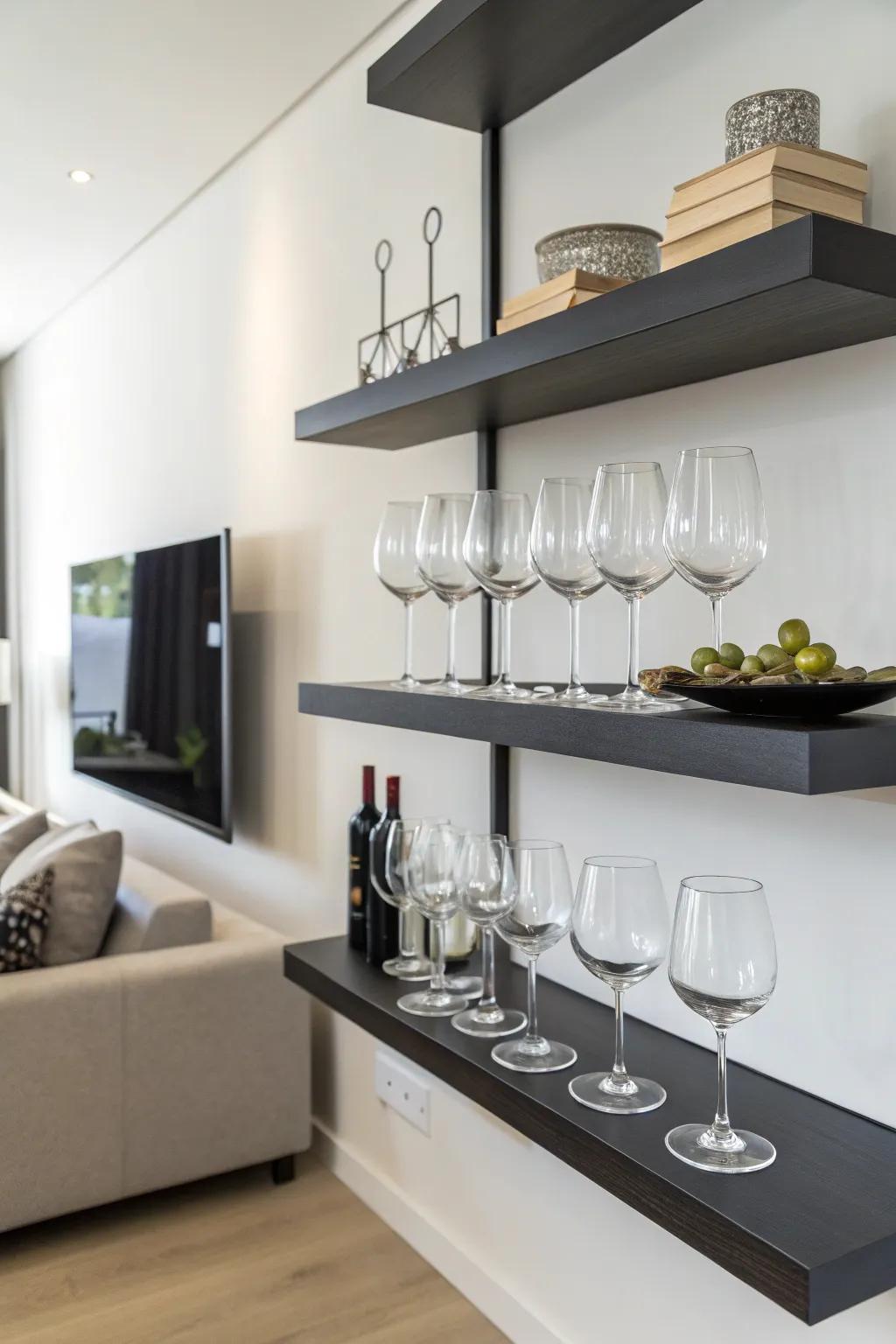 Minimalist floating shelves in a modern interior.