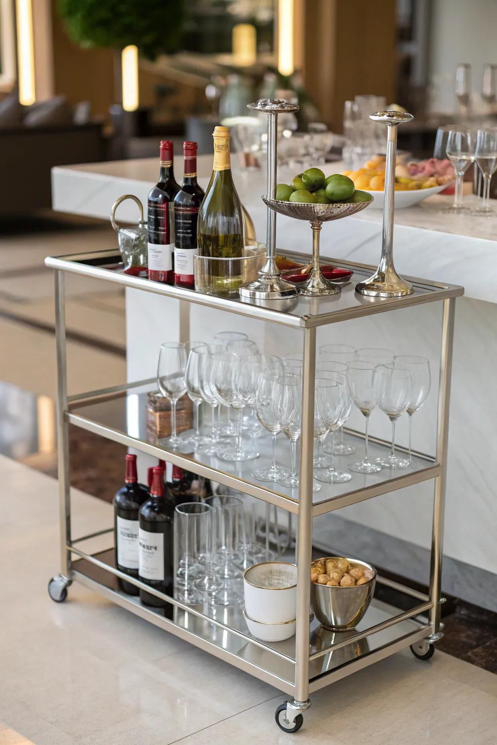 A chic bar cart arranged with wine glasses.