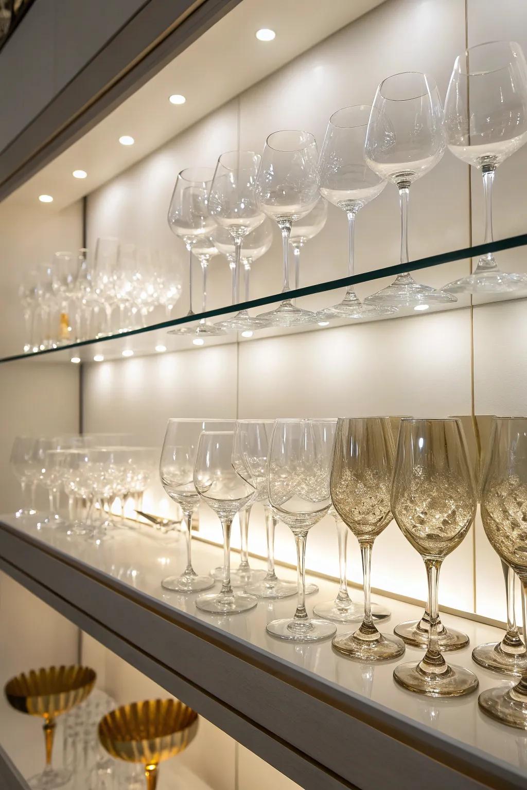 Wine glasses showcased with elegant lighting.