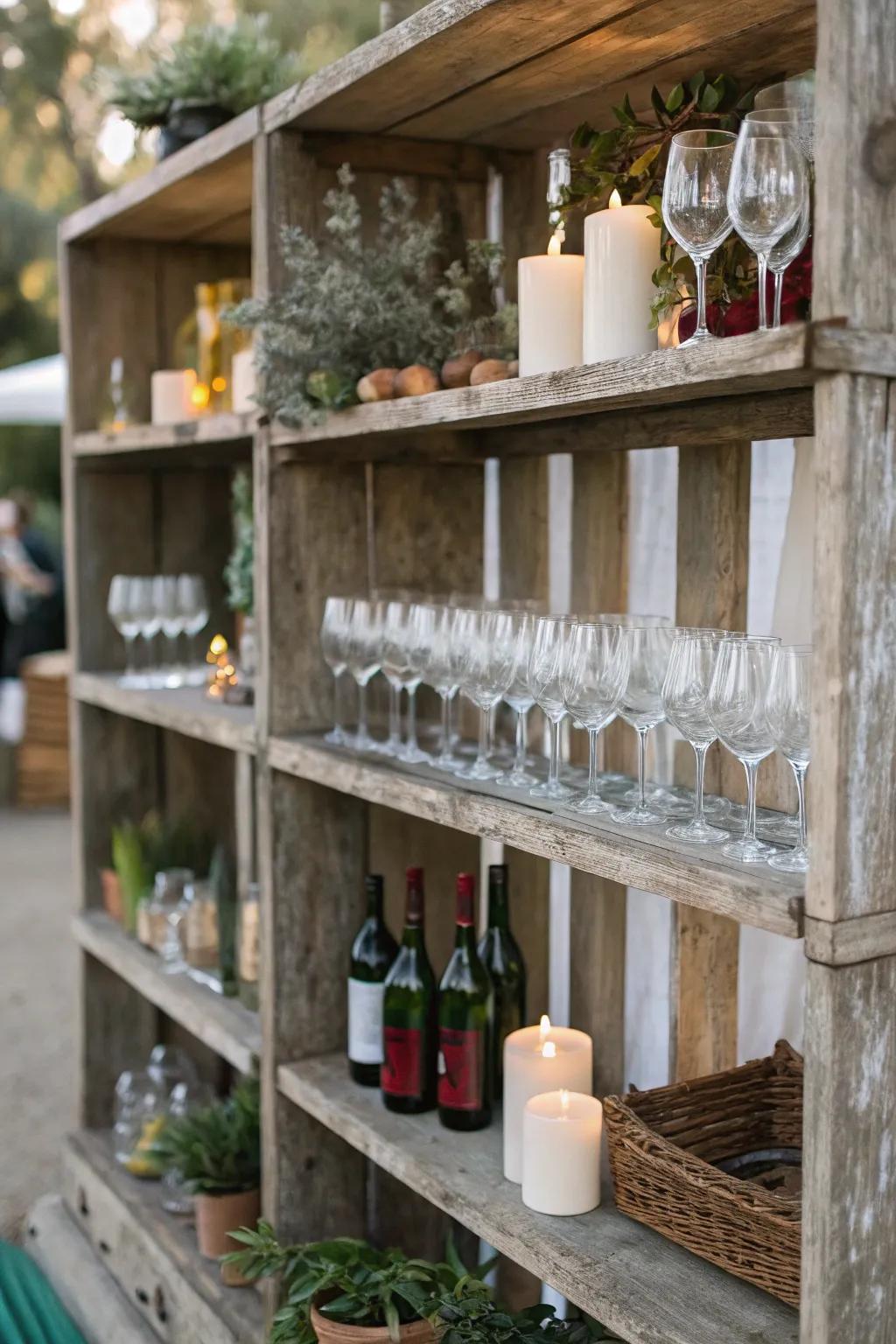 Wooden shelves displaying an assortment of wine glasses.