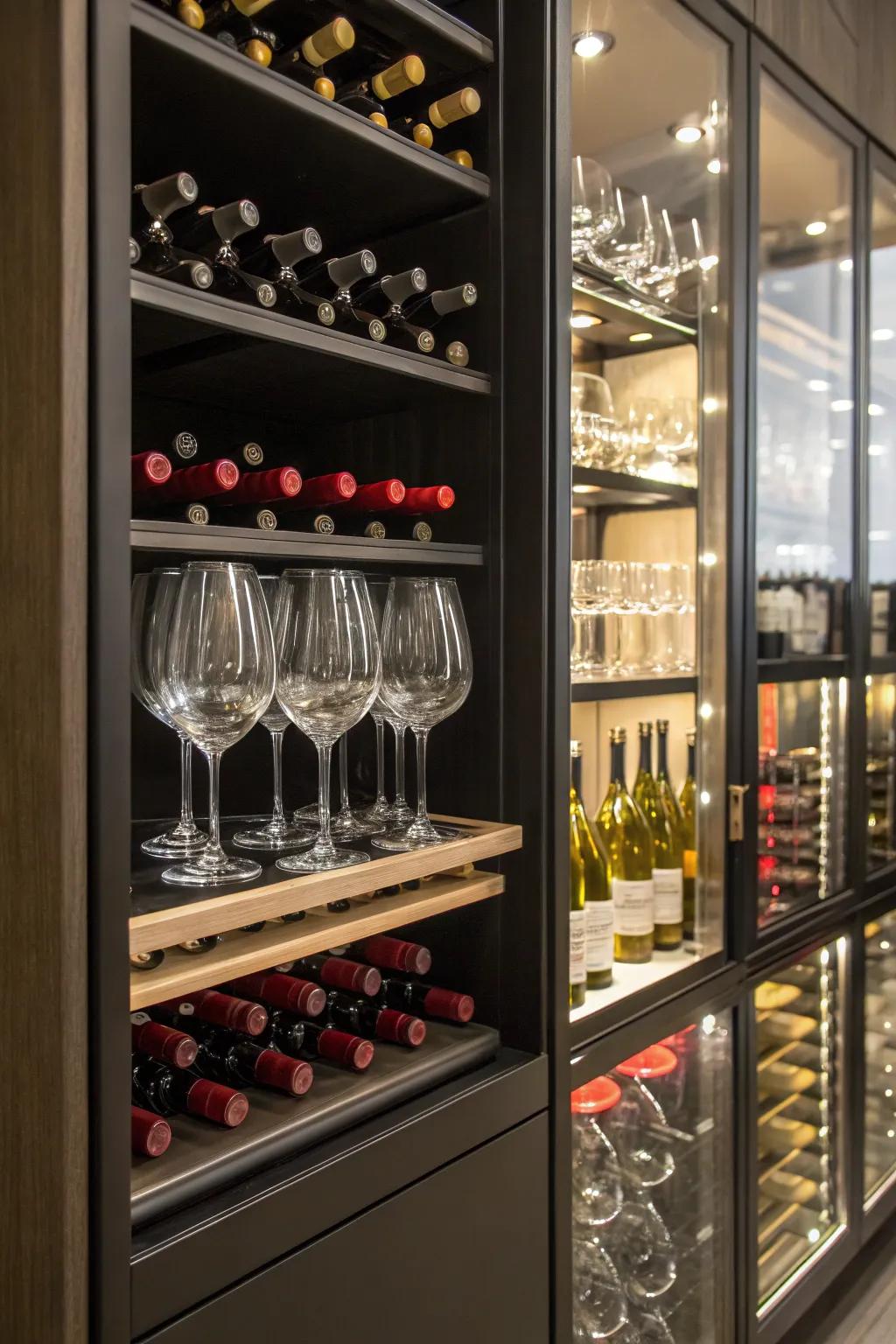 Combined storage unit for wine glasses and bottles.