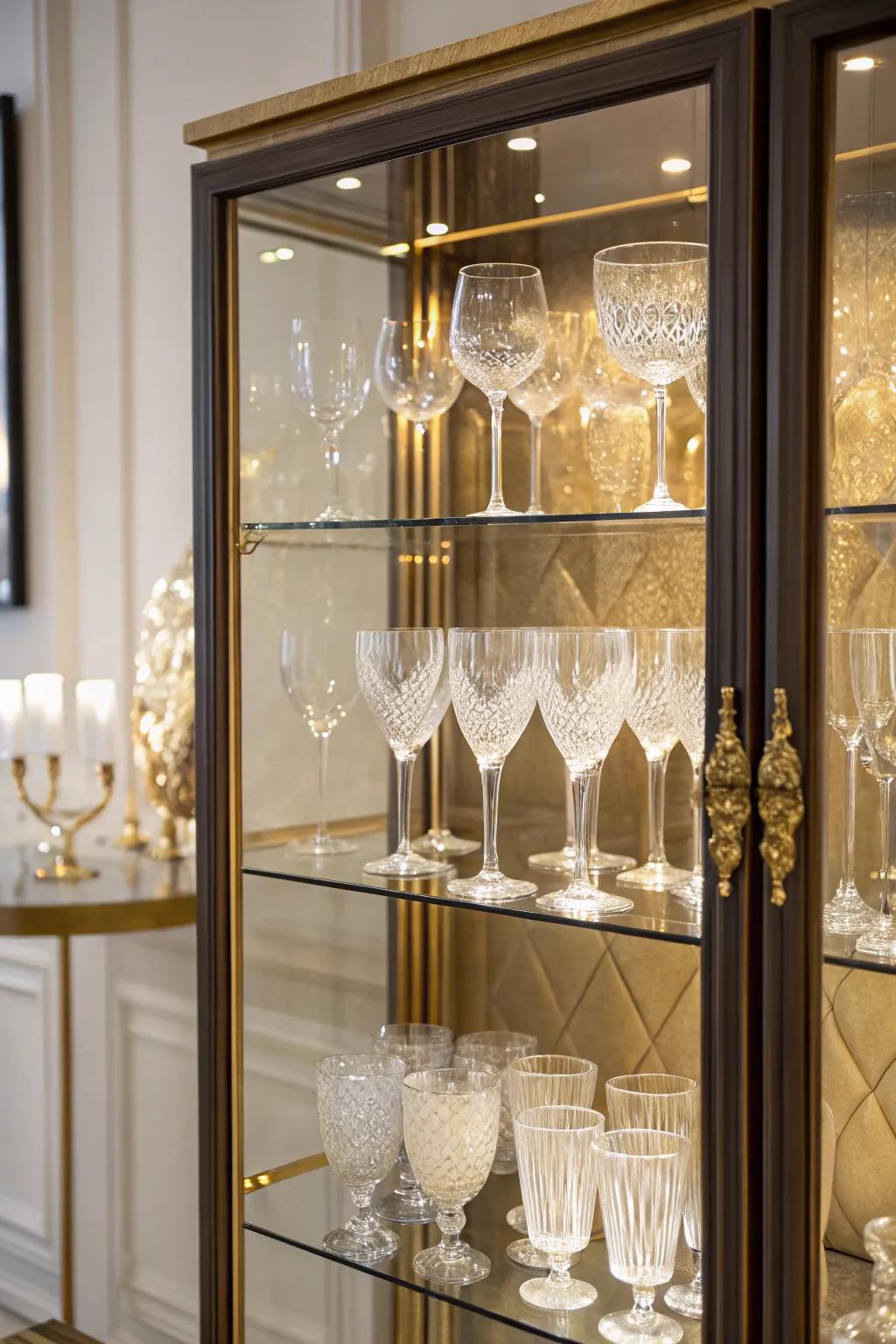 Sophisticated glass cabinet displaying wine glasses.