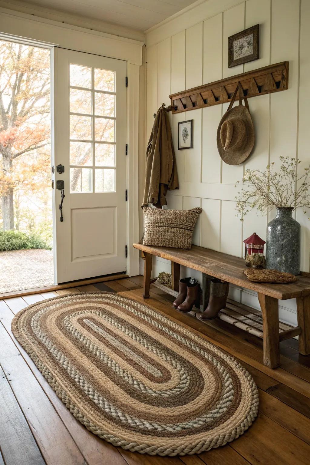 A braided rug imparts enduring charm to any farmhouse entryway.