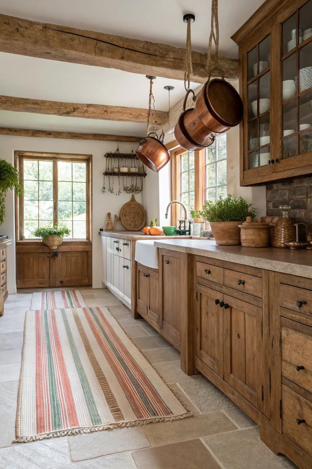 Striped rugs bring a relaxed, countryside vibe to a farmhouse kitchen.