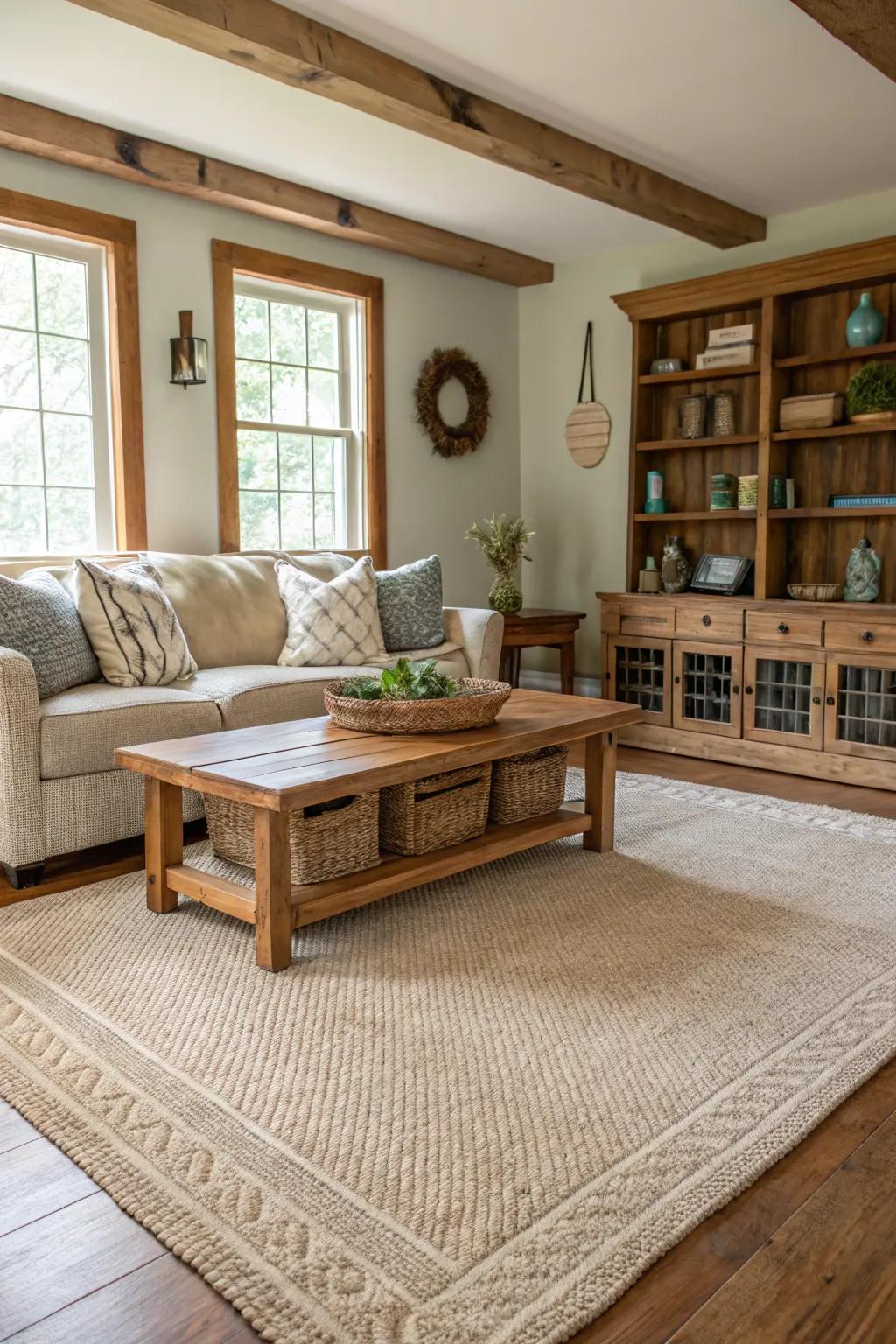A neutral area rug offers a serene foundation in a farmhouse living area.