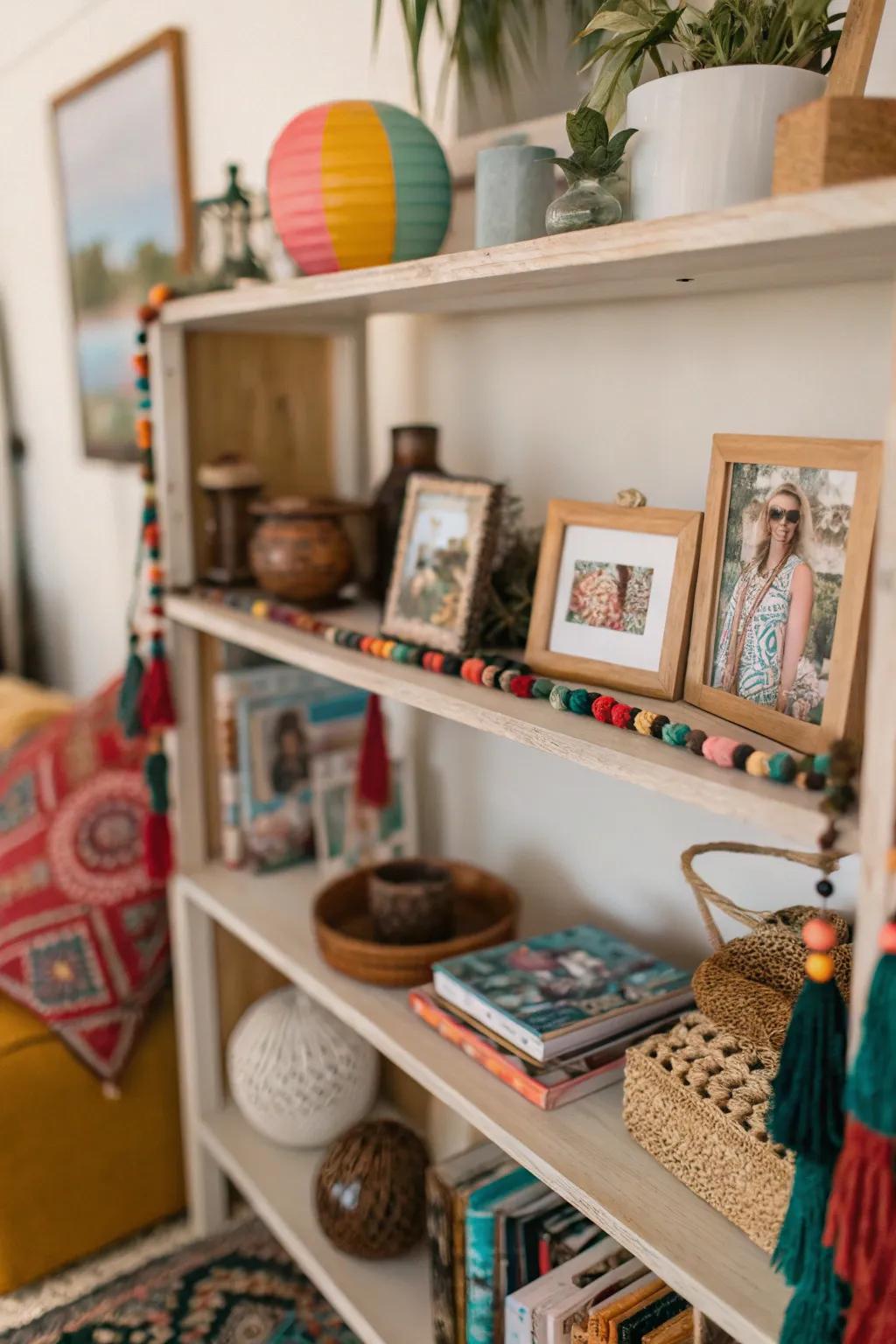 Personal mementos add character to shelves.