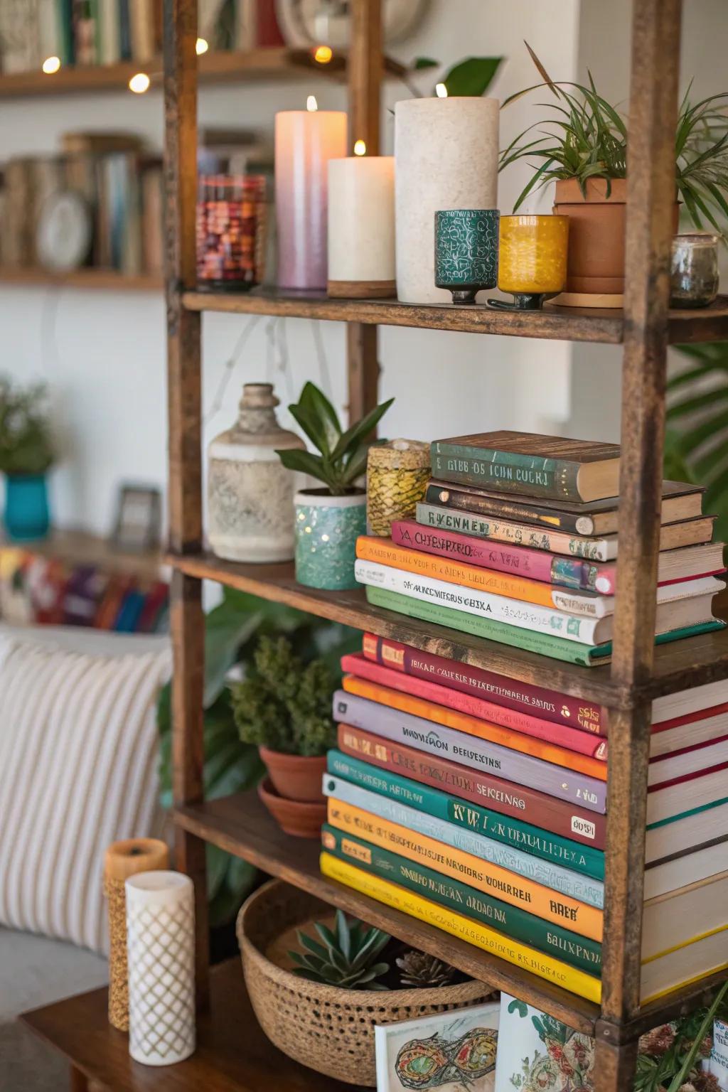 Books add color and texture to shelves.
