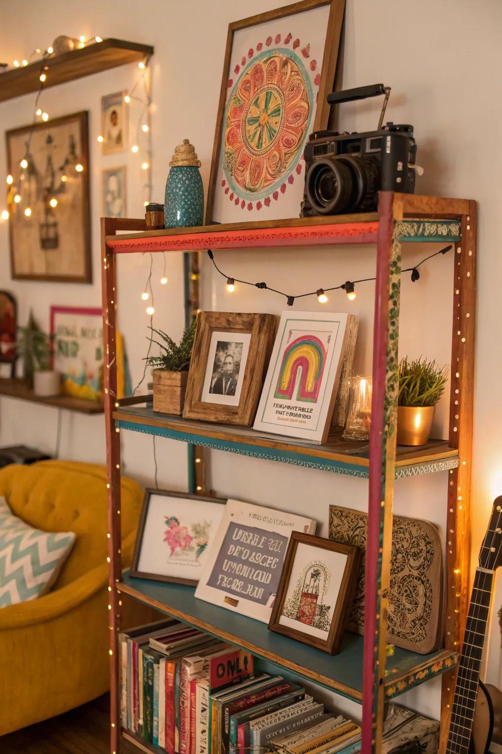 Eclectic art pieces create boho charm.