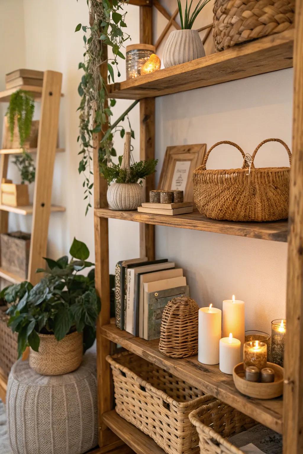 Wood and rattan add rustic warmth.