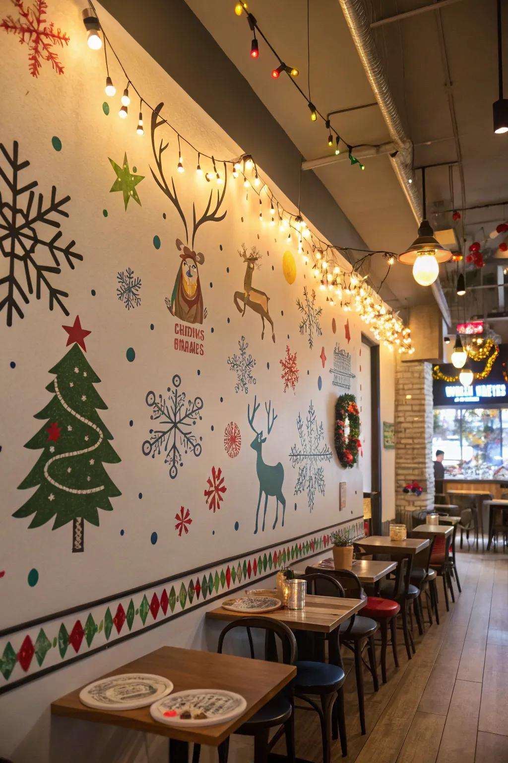 Walls adorned with festive artwork.