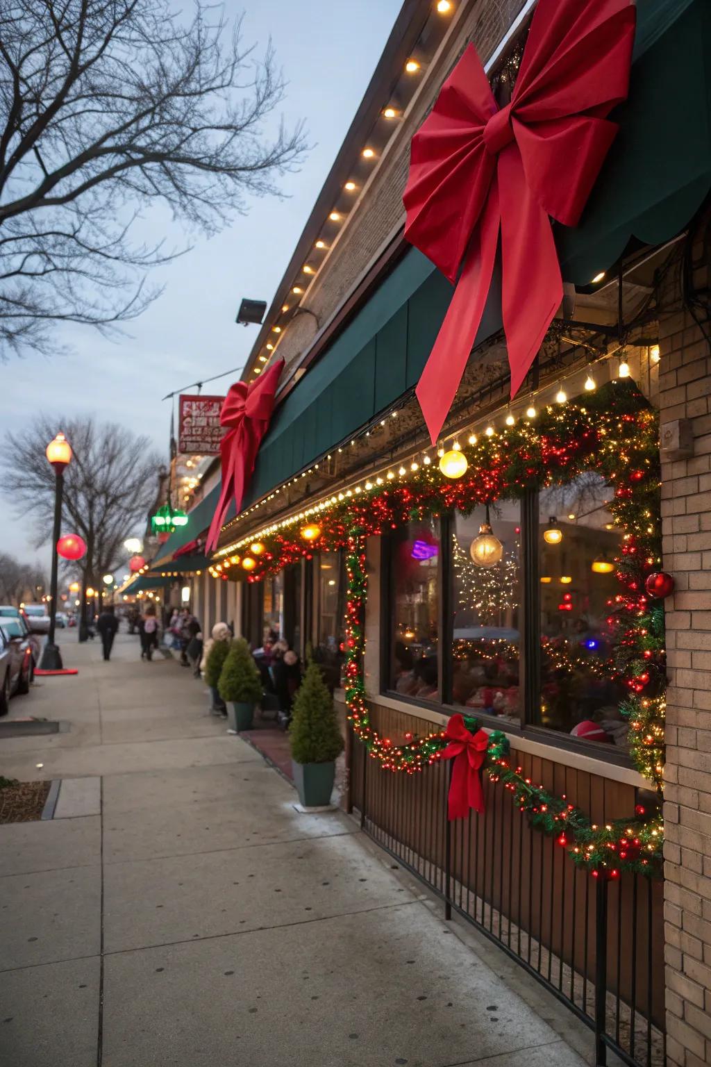 A restaurant facade dressed in festive elegance.