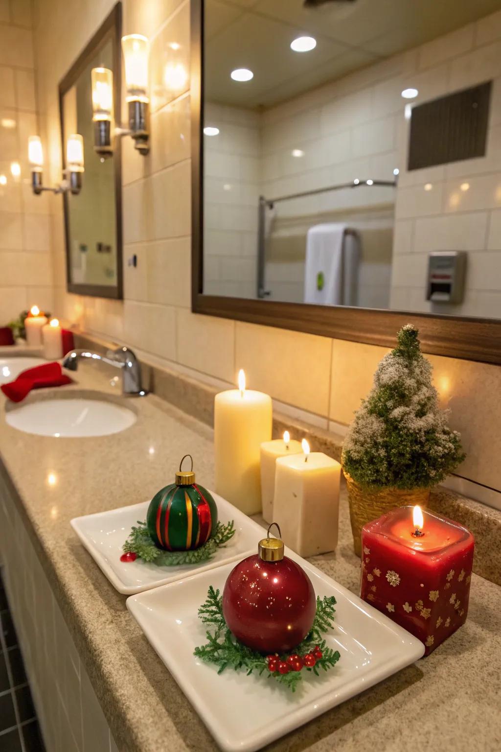Restrooms decorated with holiday spirit.