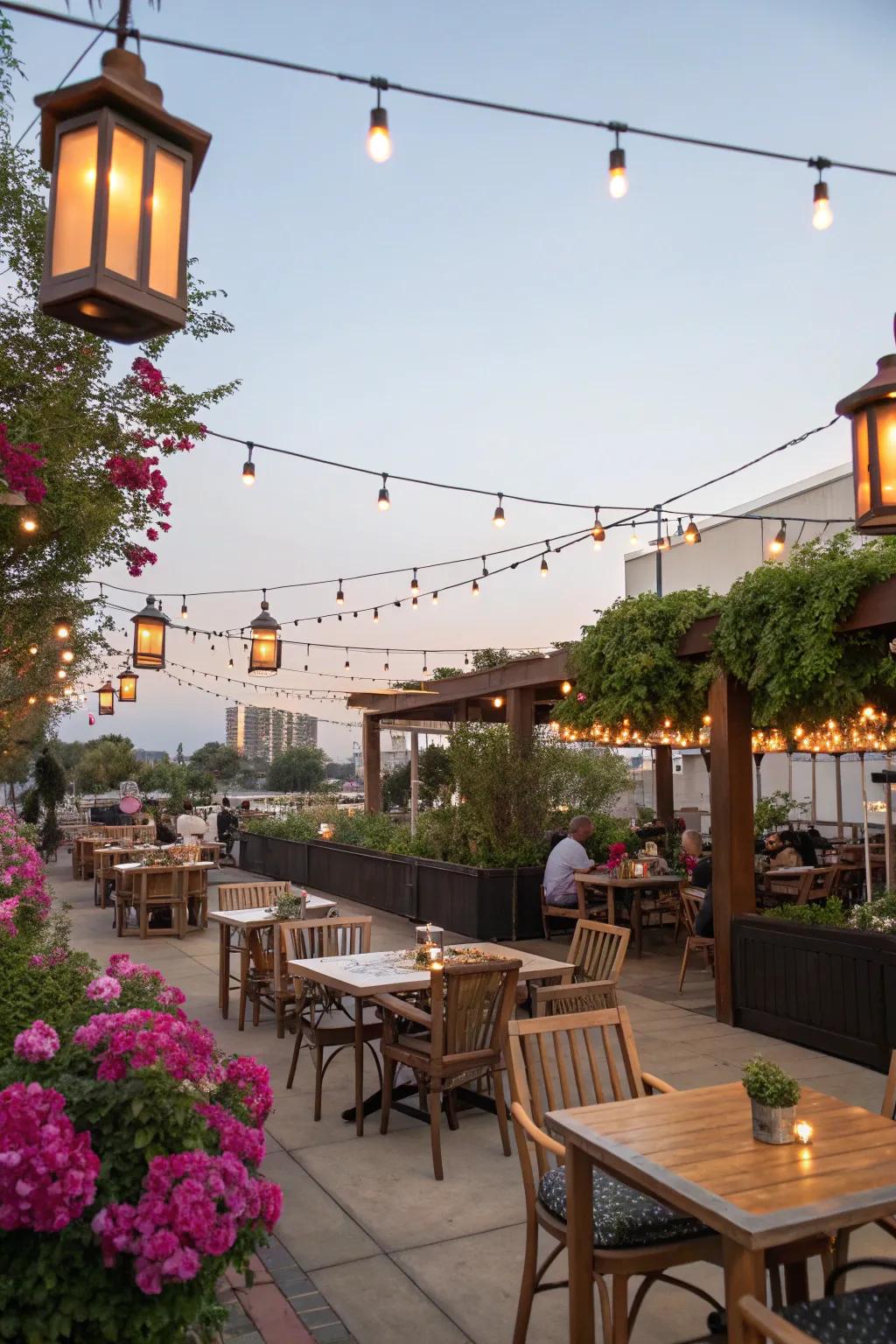 Outdoor seating illuminated with warm lights.