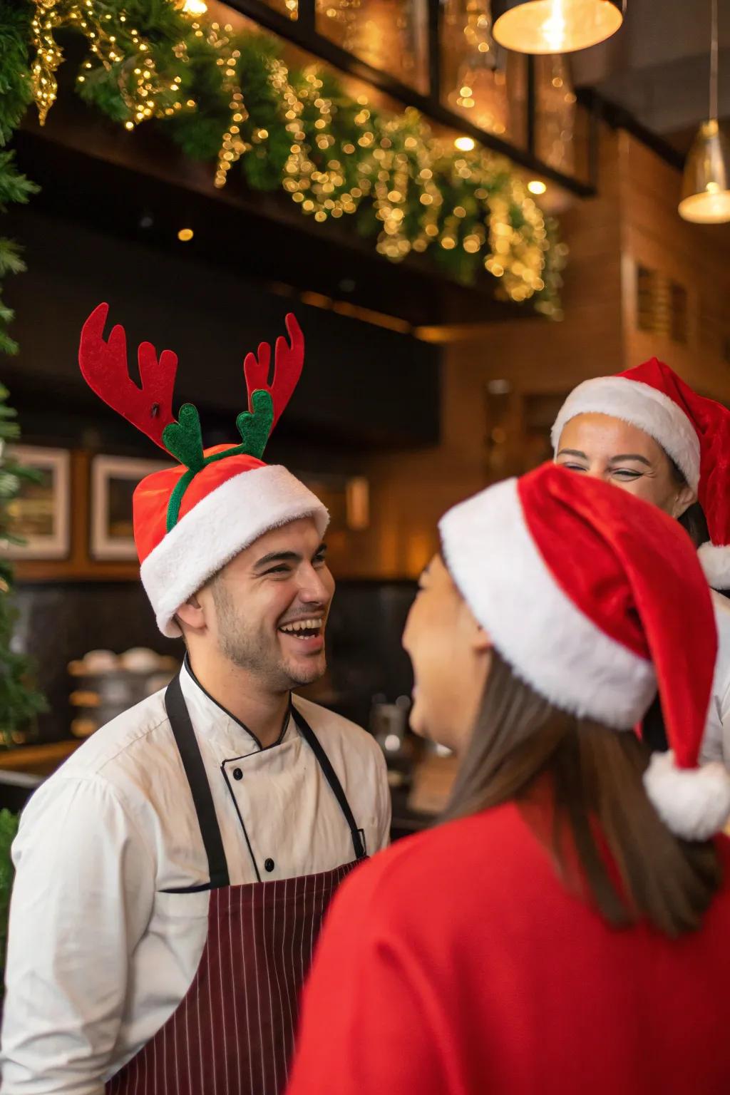Staff dressed in holiday-themed outfits.