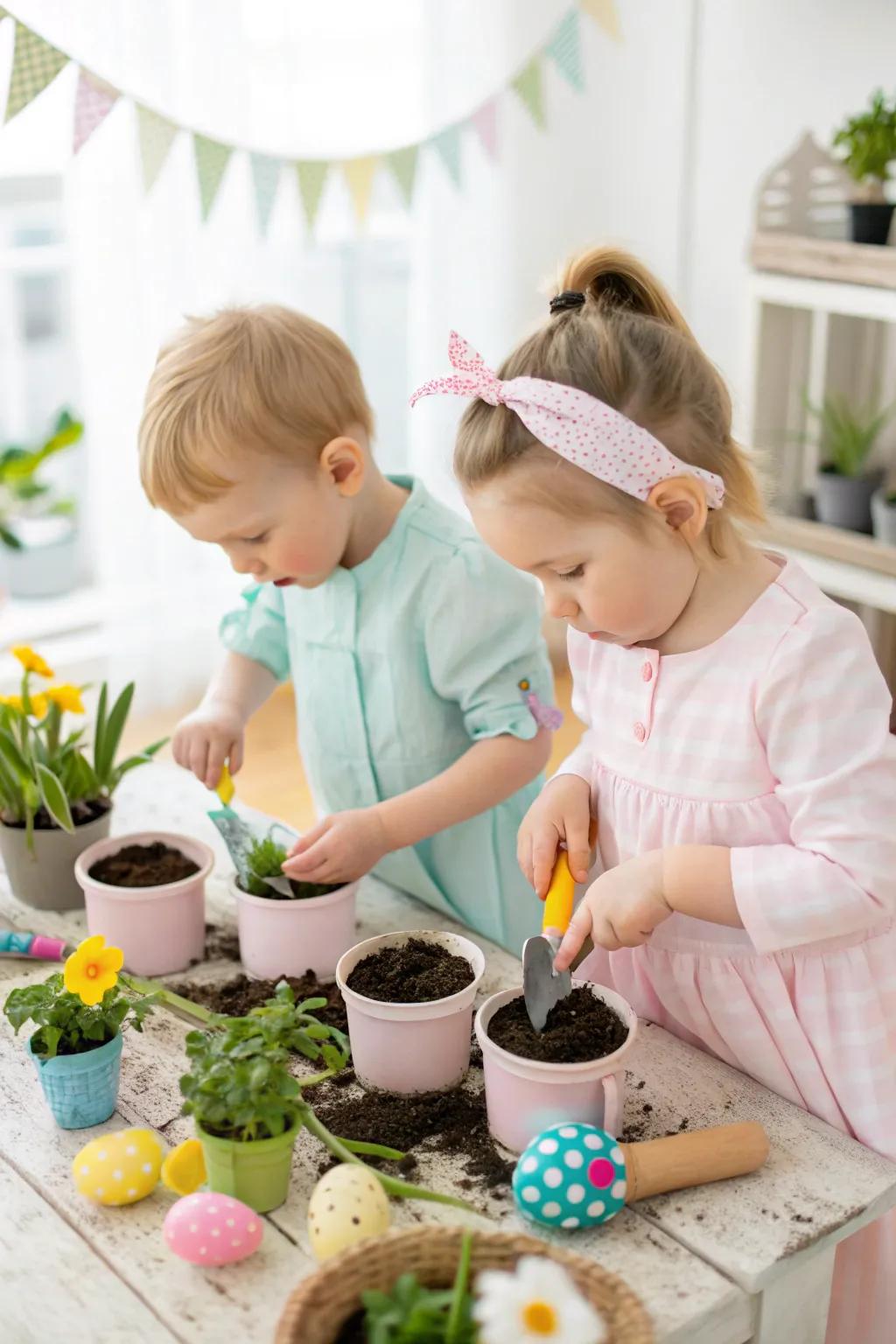 Little hands planting a small garden.