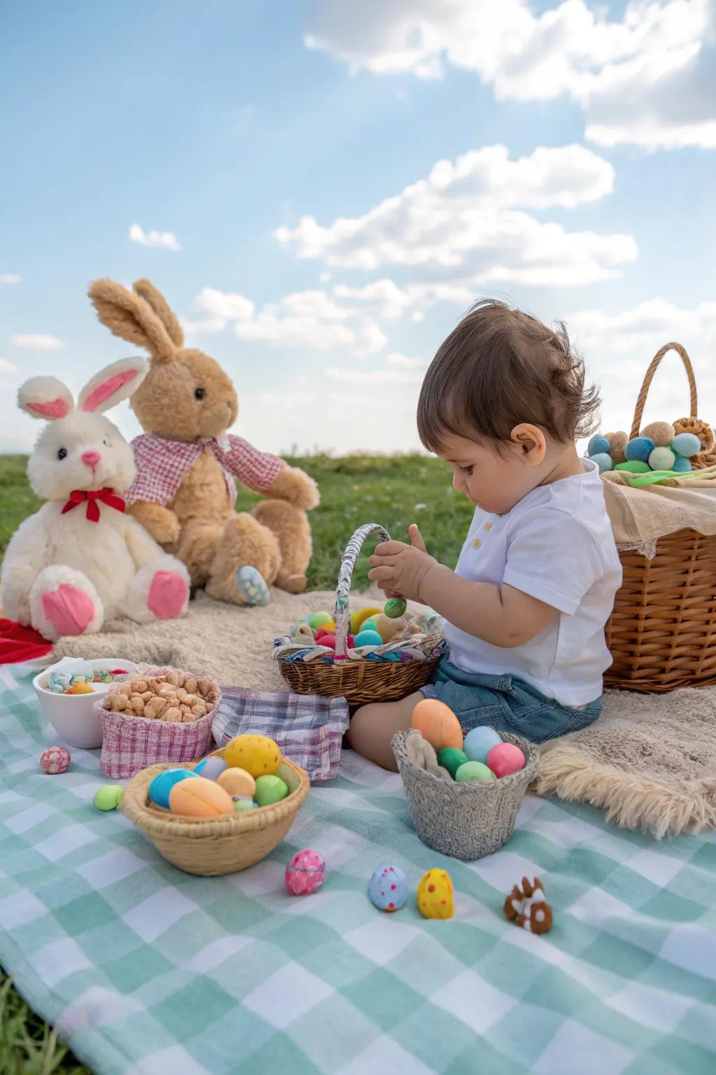 Spring-themed outdoor picnic with plush toys.